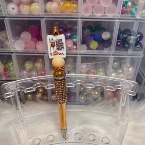 Life Happens , Coffee Helps -Gold and Brown Beaded Pen with Coffee Charm